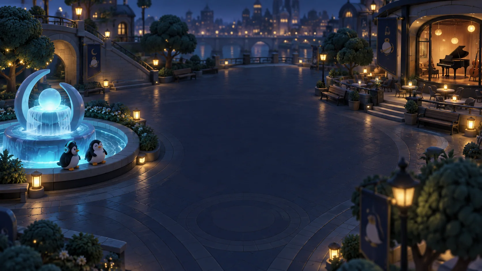 A moonlit penguin world with a glowing fountain, cosy cafés, and streets to explore