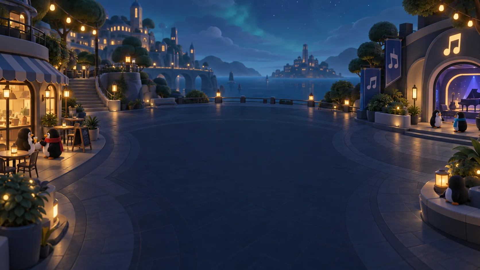 A lantern-lit courtyard with penguin neighbours